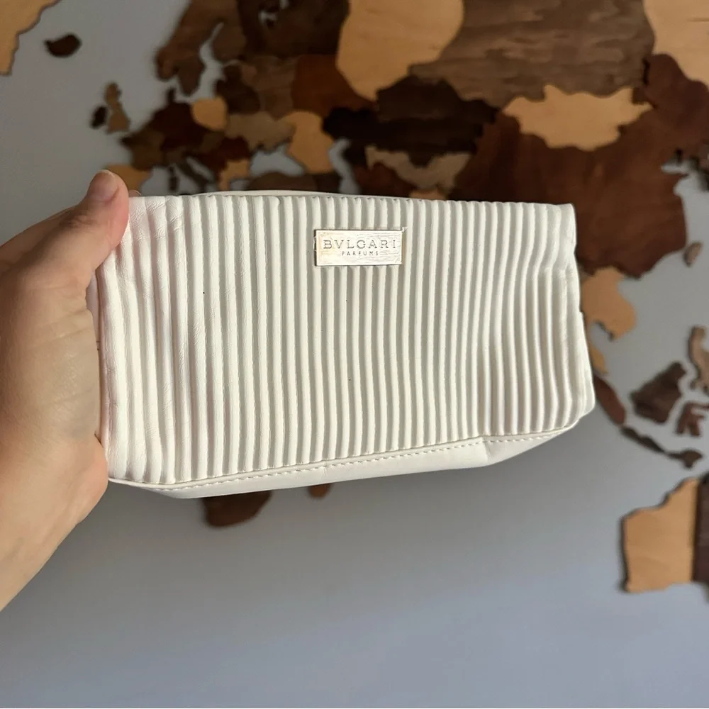 BVLGARI Cream Ivory Ribbed Cosmetic Zip Travel Luxury Pouch